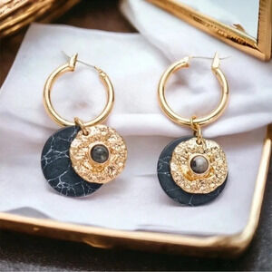1 LEFT! Howlite Mini Hoops Black Natural Stone Boho Gold